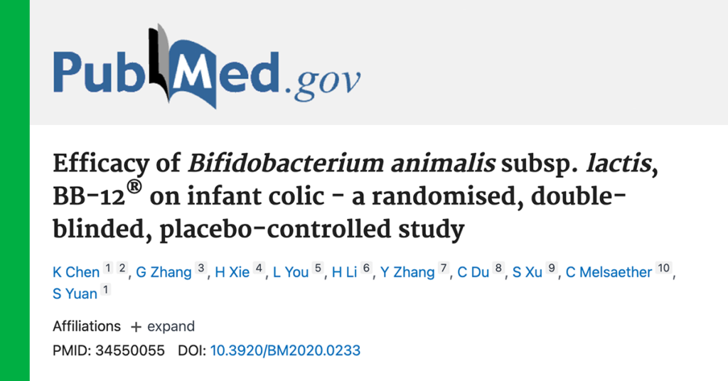 Efficacy of <em>Bifidobacterium animalis</em> subsp. <em>lactis,</em> BB-12® on infant colic – a randomised, double-blinded, placebo-controlled study. <em>Benef Microbes.</em>