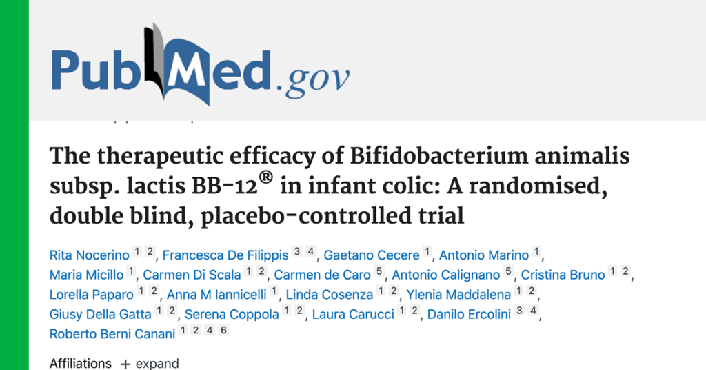 The therapeutic efficacy of <em>Bifidobacterium animalis</em> subsp. <em>lactis</em> BB-12® in infant colic: A randomised, double blind, placebo-controlled trial. <em>Aliment Pharmacol Ther.</em>