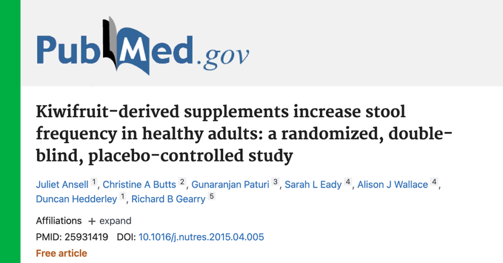 image of article titled, "Kiwifruit-derived supplements increase stool frequency in healthy adults: a randomized, double-blind, placebo-controlled study"
